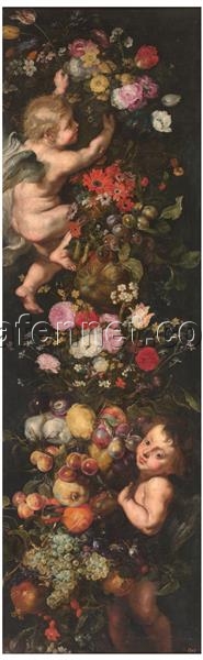 Festoon of Flowers and Fruits with Angels by Peter Paul Rubens – Baroque Still Life Oil Painting on Canvas