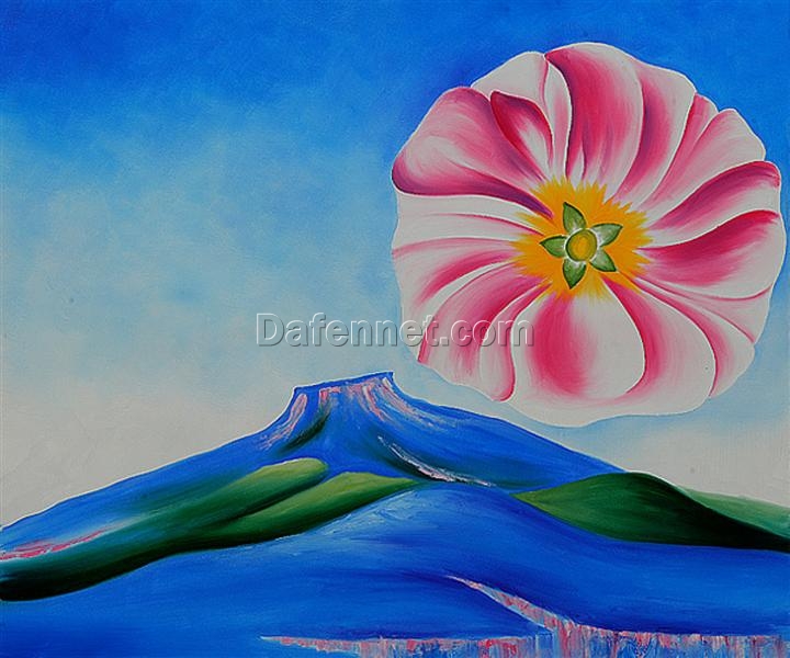 Custom Georgia O’Keeffe Hollyhock Pink with Pedernal – High-End Oil Painting for Floral and Southwestern Landscape Art