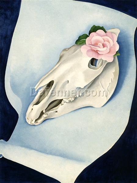 Horse’s Skull with Pink Rose by Georgia O’Keeffe (1931) – Luxury Custom Oil Painting for Nature-Inspired Art Spaces