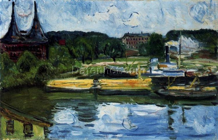 Luxury Edvard Munch ‘Lübeck Harbour with the Holstentor’ Canvas Oil Painting – Unique Fine Art, Perfect for Upscale Home & Office Decoration