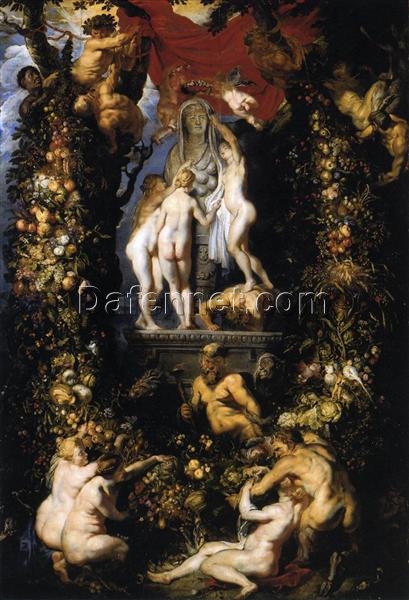 Nature Adorning the Three Graces, Rubens – Fine Baroque Mythological Oil Painting on Board