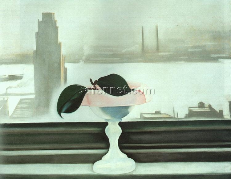 Luxury Georgia O’Keeffe Pink Dish and Green Leaves – Personalized Oil Painting for Botanical and Nature Art Enthusiasts