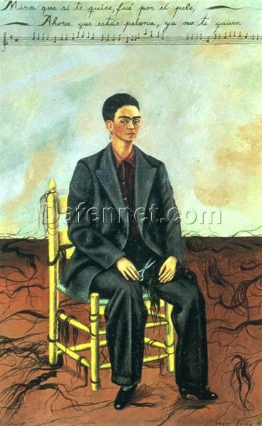 Luxury Frida Kahlo Self Portrait with Cropped Hair – Personalized Oil Painting on Canvas for Iconic Surrealist Art Collectors