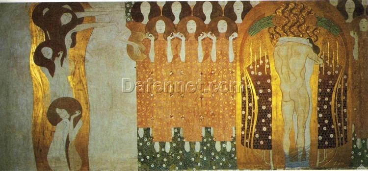 Custom Gustav Klimt Oil Painting: The Beethoven Frieze – The Longing for Happiness Finds Repose in Poetry for Refined Home Decor