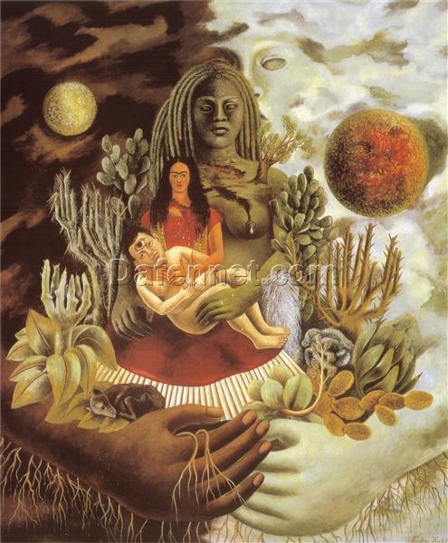 Elegant ‘The Love Embrace of the Universe, the Earth (Mexico), Myself, Diego and Señor Xólotl (Autorretrato en la Frontera Entre El Abrazo de Amor de el Universo, la Tierra (México), Yo, Diego y el Señor Xólotl)’ by Frida Kahlo – Luxury Oil Painting, Studio-Quality Canvas Art for Stylish Interior Decor