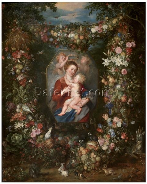 The Virgin and Child Surrounded by Fruit and Flowers by Peter Paul Rubens – Baroque Religious & Flower Oil Painting on Panel